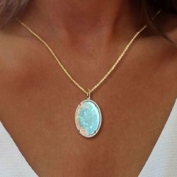 Halo Oval Cut Opal Pendant Wedding Necklace Women's Jewelry 