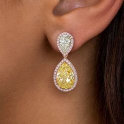 Two Tone Halo Pear Cut Yellow Sapphire Drop Earrings For Women