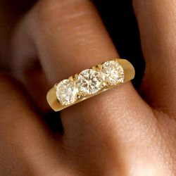 Three Stones Golden Round Cut White Sapphire Wedding Band For Women 