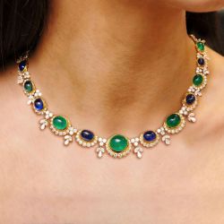 Oval Cut Emerald & Blue Sapphire Wedding Necklace For Women 