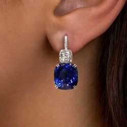 Cushion Cut Blue Sapphire Drop Earrings For Women 