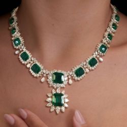 Next Necklace Two Tone Halo Asscher Cut Emerald Sapphire Wedding Necklace For Women