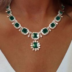 Two Tone Halo Asscher Cut Emerald Sapphire Wedding Necklace For Women