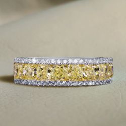 Half Eternity Two Tone Radiant Cut Yellow Sapphire Wedding Band Bridal Jewelry For Women 