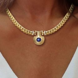 Vintage Golden Oval Cut Blue Sapphire Cabochon Necklace For Women