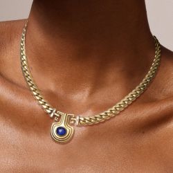 Vintage Golden Oval Cut Blue Sapphire Cabochon Necklace For Women