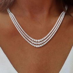 Triple Row Round Cut White Sapphire Multi Strand Tennis Wedding Necklace For Women