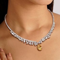Two Tone Halo Pear Cut Yellow Sapphire Wedding Necklace For Women
