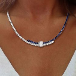 Two Tone Round Cut Blue Sapphire Tennis Necklace For Women