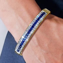 Golden Princess Cut Blue Sapphire Bangle Bracelet For Women