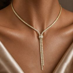 Golden Baguette Cut White Sapphire Lariat Necklace For Women