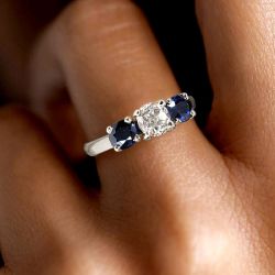 Three Stone Cushion Cut White & Blue Sapphire Wedding Band For Women