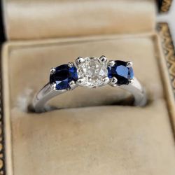 Three Stone Cushion Cut White & Blue Sapphire Wedding Band For Women