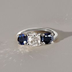 Three Stone Cushion Cut White & Blue Sapphire Wedding Band For Women