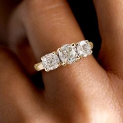 Golden Three Stone Cushion Cut White Sapphire Wedding Band For Women