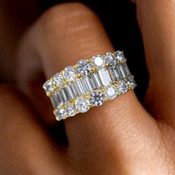 Golden Triple Row Baguette Cut White Sapphire Wedding Band For Women