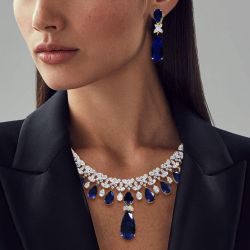 Pear Cut Blue Sapphire Necklace & Earrings Set For Women