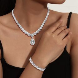 Pear Cut White Sapphire Necklace & Bracelet Set For Women