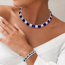Oval & Cushion Cut Blue Sapphire Necklace & Bracelet Set For Women