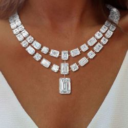 Double Row Emerald Cut White Sapphire Jewelry Wedding Necklace For Women