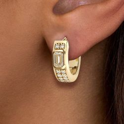 Golden Emerald Cut White Sapphire Hoop Earrings Women's Jewelry