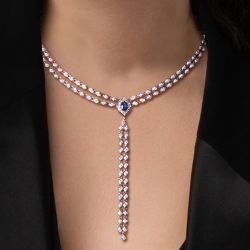 Double Row Oval Cut Blue Sapphire Lariat Necklace For Women