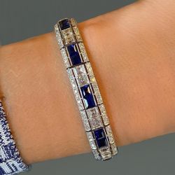 Milgrain Asscher Cut Blue Sapphire Bracelet For Women