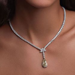 Two Tone Halo Pear Cut Yellow Sapphire Necklace Wedding Necklace For Women