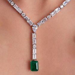 Emerald Cut Emerald Sapphire Lariat Necklace For Women
