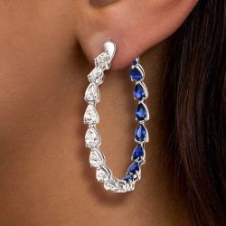 Pear Cut Blue & White Sapphire Hoop Earrings For Women