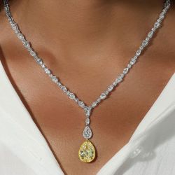 Halo Pear Cut Yellow Sapphire Wedding Necklace For Women