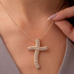 Golden Round Cut White Sapphire Cross Pendant Wedding Necklace For Women