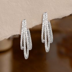 Three Row Round Cut White Sapphire Hoop Earrings For Women