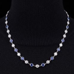 Bezel Round Cut Blue Sapphire Wedding Necklace For Women