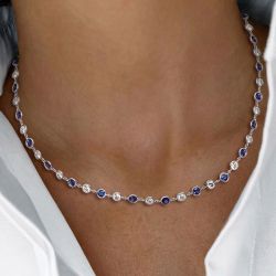 Bezel Round Cut Blue Sapphire Wedding Necklace For Women