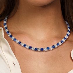 Oval Cut Blue Sapphire Tennis Wedding Necklace For Women