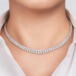 Next Necklace Double Row Round Cut White Sapphire Tennis Wedding Necklace For Women