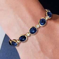 Bezel Golden Oval Cut Blue Sapphire Tennis Bracelet For Women