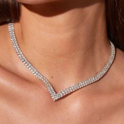 Next Necklace Chevron-V Double Row Round Cut White Sapphire Tennis Wedding Necklace For Women