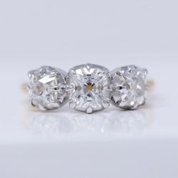 Three Stone Two Tone Cushion Cut White Sapphire Engagement Ring For Women