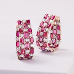 Rose Gold Emerald Cut Ruby & Pink Sapphire Hoop Earrings For Women 