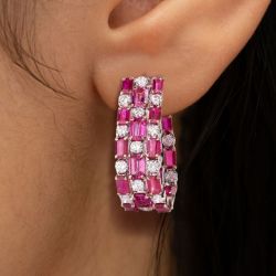 Rose Gold Emerald Cut Ruby & Pink Sapphire Hoop Earrings For Women 