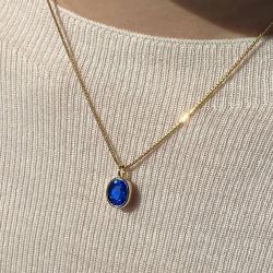 Next Necklace Bezel Golden Oval Cut Blue Sapphire Pendant Wedding Necklace For Women