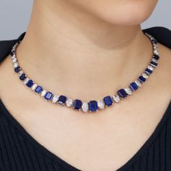 51.5 Ct Emerald Cut Blue Sapphire Bridal Jewelry Tennis Wedding Necklace For Women
