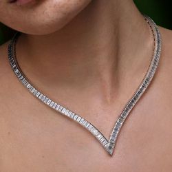 39.15 Ct Chevron-V Emerald Cut White Sapphire Bridal Jewelry Tennis Necklace Wedding Necklace For Women