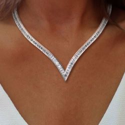 Chevron-V Emerald Cut White Sapphire Luxury Jewelry Tennis Necklace Wedding Necklace For Women 39.15 Ct 