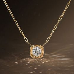 Golden Textured Bezel Round Cut White Sapphire Pendant Necklace For Women