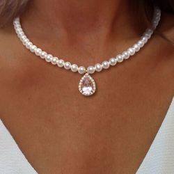 Halo Gold Pear Cut Pearl & Pink Sapphire Necklace Wedding Necklace Pearl Necklace Women
