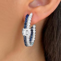 Next Necklace Two Tone Round Cut Blue Sapphire Hoop Earrings For Women