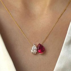 Golden Pear Cut White & Ruby Sapphire Pendant Necklace For Women Wedding Jewelry 6 Ct 